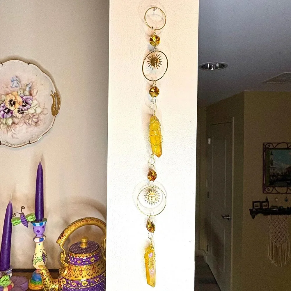 Yellow Aura Quartz Wall Hanging Gold Sun face Circle Frame  Amber Crystal Beads
